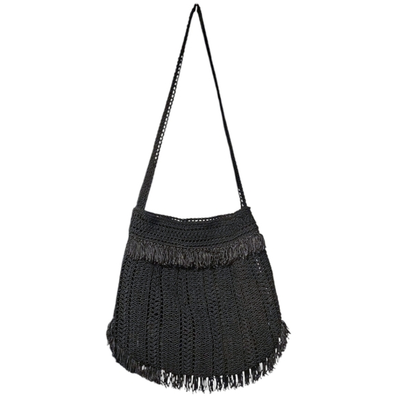 Vintage Black Macrame Purse Handmade Fringe Architectural Bag Boho Chic - Picture 2 of 11